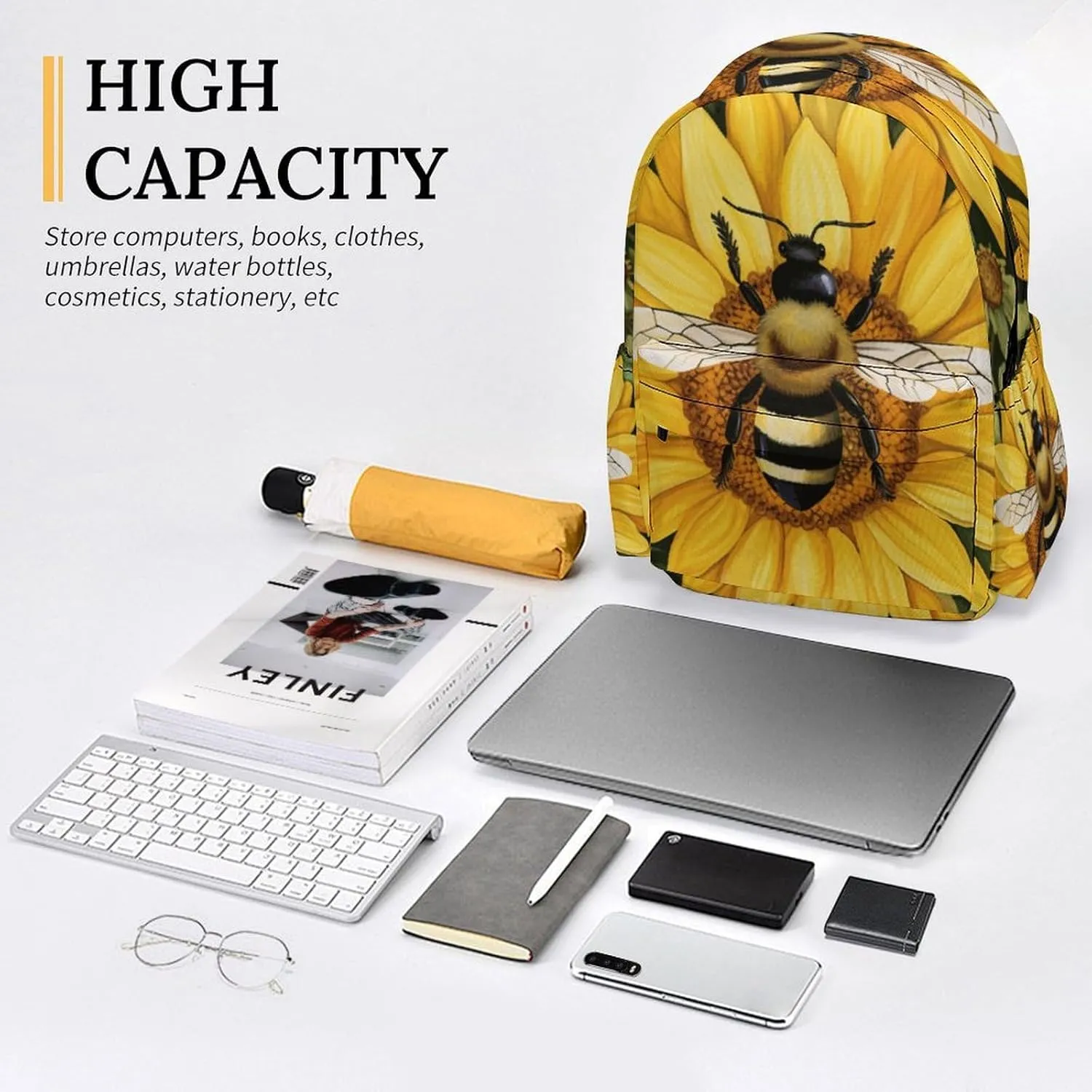16 Inch Backpack Painting Bee Sunflowers Daisies Backpack School Bookbag Laptop Shoulder Bag Casual Daypack