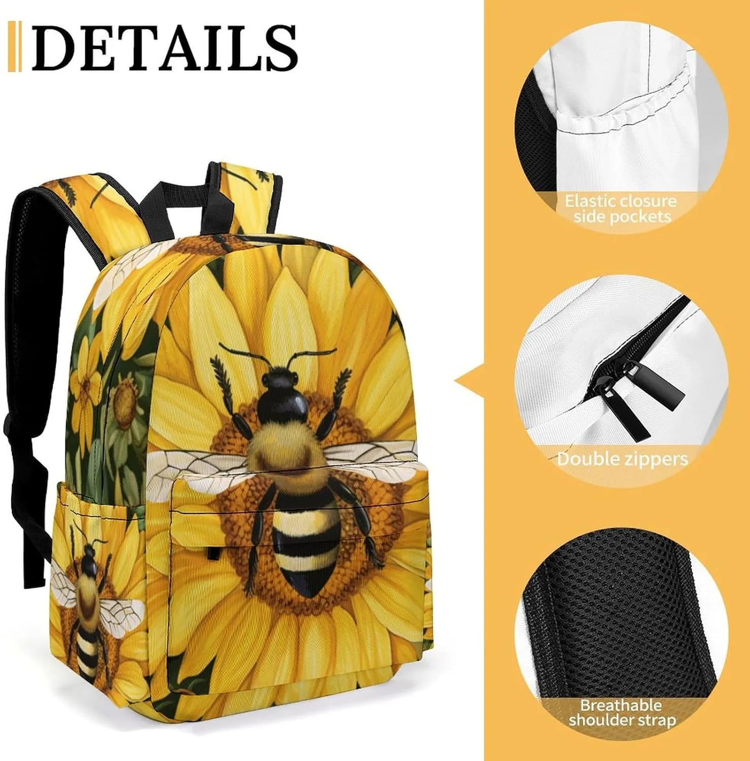 16 Inch Backpack Painting Bee Sunflowers Daisies Backpack School Bookbag Laptop Shoulder Bag Casual Daypack