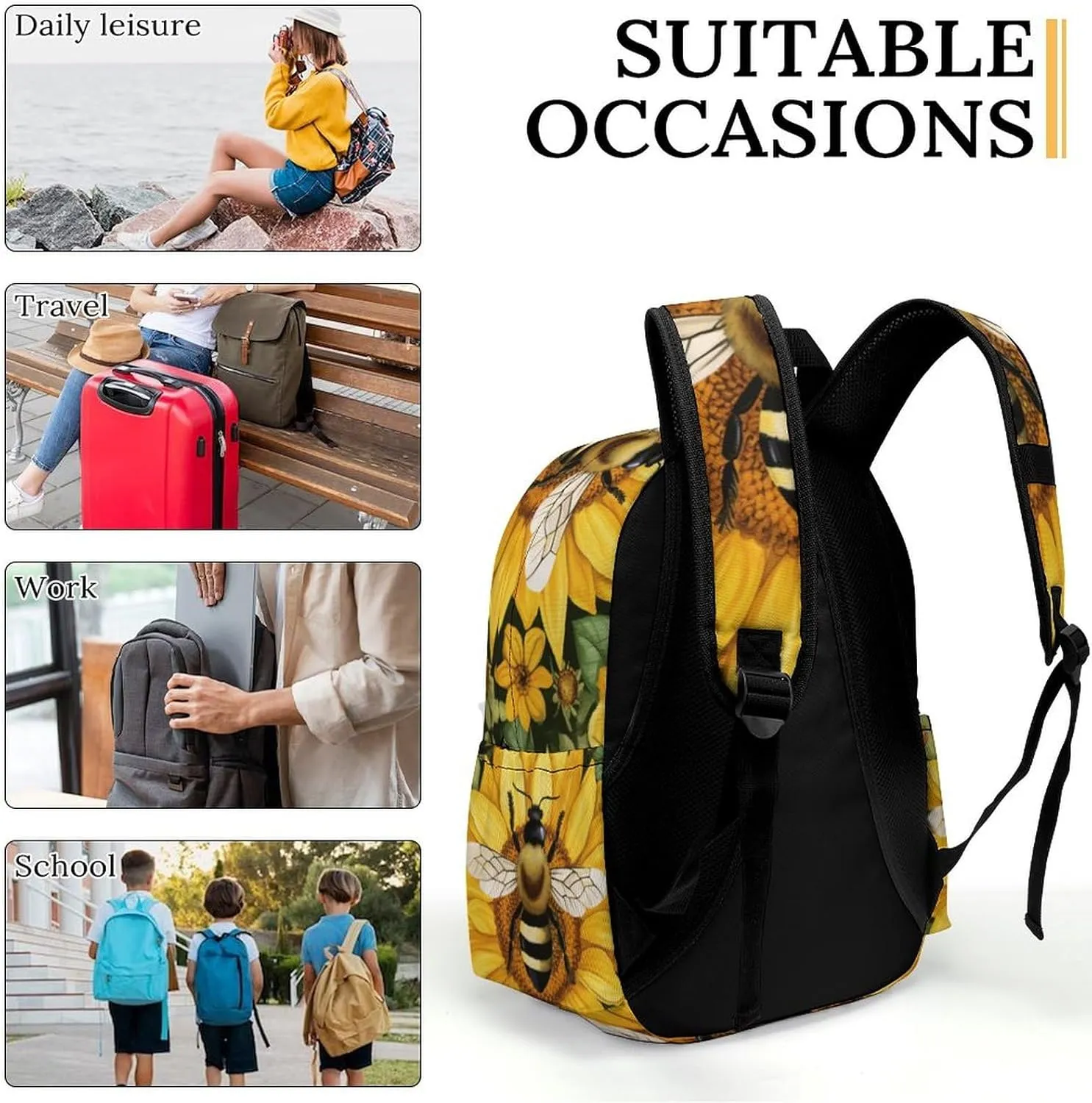 16 Inch Backpack Painting Bee Sunflowers Daisies Backpack School Bookbag Laptop Shoulder Bag Casual Daypack