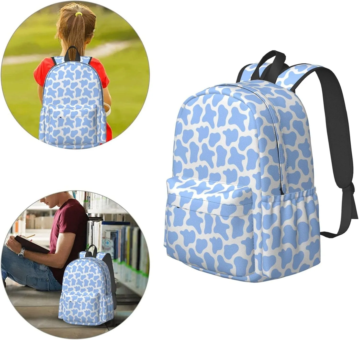 17 inch Backpack Blue Cow Spots Skin Pattern Laptop Backpack School Bookbag Shoulder Bag Casual Daypack