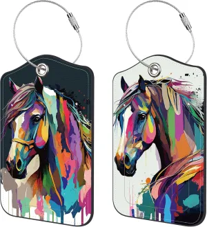 2 Pack Luggage Tags for Suitcase,PU Leather Travel Cruise Luggage Tag with Privacy Cover,Name ID Label and Steel Ring,Travel Essentials for Women Men (Watercolor Horse)