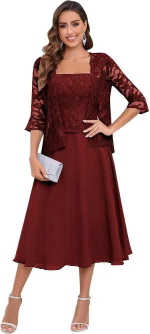 2 Pieces Lace Mother of The Bride Dresses for Wedding Tea Length Chiffon Formal Party Gown with Jacket