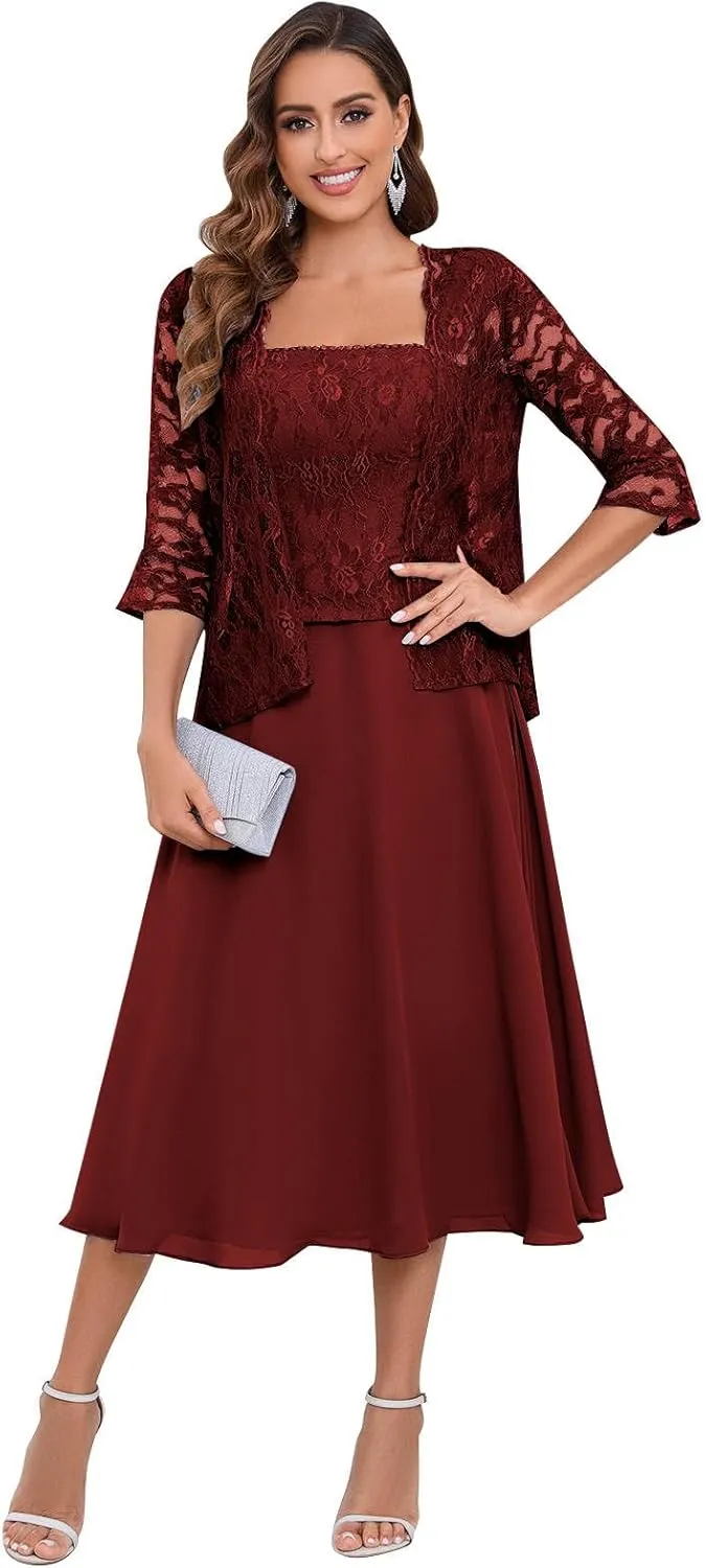 2 Pieces Lace Mother of The Bride Dresses for Wedding Tea Length Chiffon Formal Party Gown with Jacket
