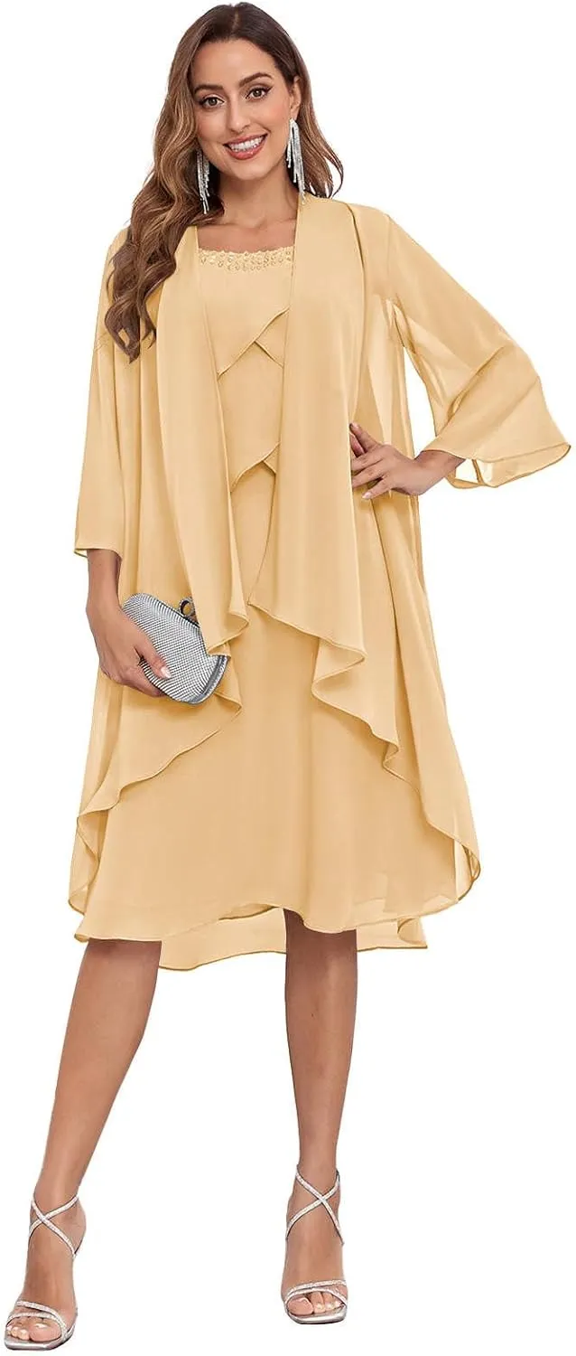 2 Pieces Mother of The Bride Dress for Wedding Knee Length Ruffles A-Line Chiffon Formal Gown with Jacket