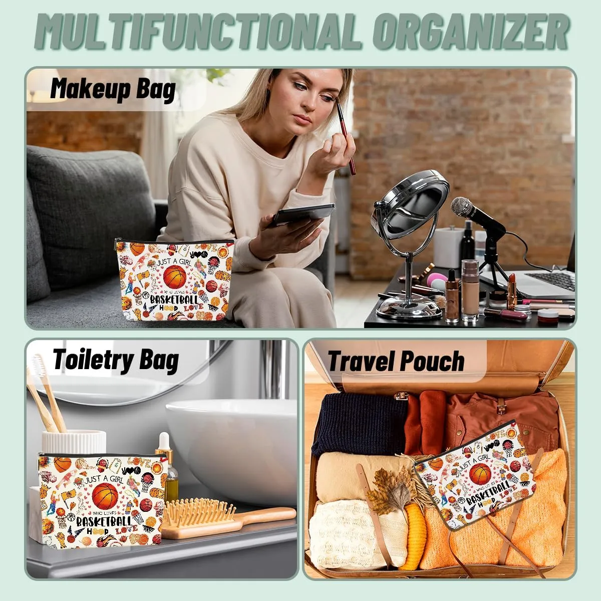 2pcs Basketball Gifts Cosmetic Bag Toiletry Bag Basketballs Makeup Bags for Women Birthday Graduation Gifts for Women Teens Girls Girlfriend Basketball Lover Fan