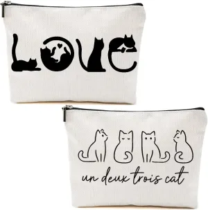 2pcs Cute Cat Themed Gifts Makeup Bags for Women, Cute Cats Minimalism Cosmetic Bag Travel Zipper Pouch for Sister Bestie, Christmas Birthday Gifts for Women Girls Cat Mom, Black and White Cats