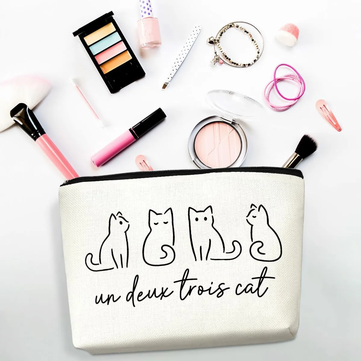 2pcs Cute Cat Themed Gifts Makeup Bags for Women, Cute Cats Minimalism Cosmetic Bag Travel Zipper Pouch for Sister Bestie, Christmas Birthday Gifts for Women Girls Cat Mom, Black and White Cats