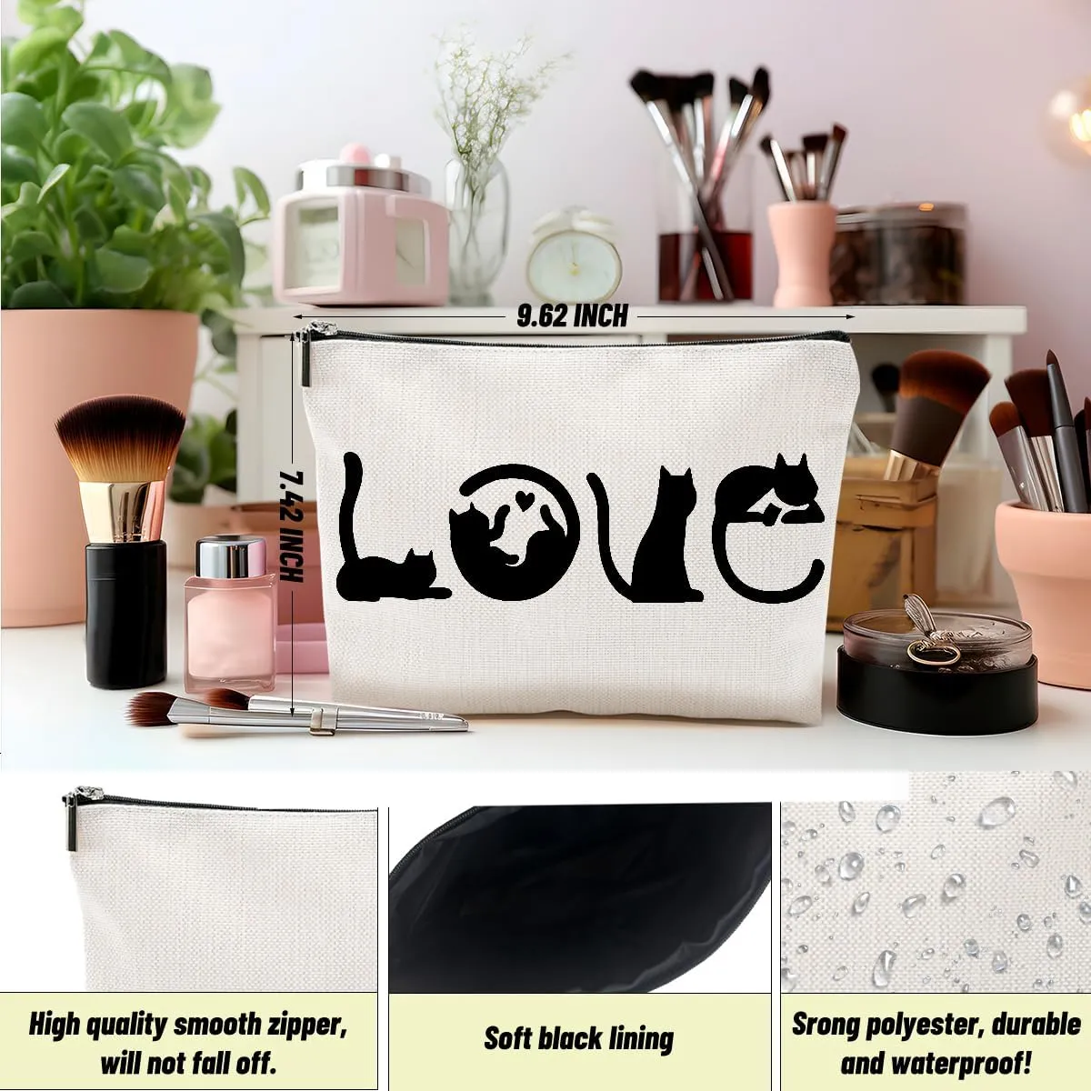 2pcs Cute Cat Themed Gifts Makeup Bags for Women, Cute Cats Minimalism Cosmetic Bag Travel Zipper Pouch for Sister Bestie, Christmas Birthday Gifts for Women Girls Cat Mom, Black and White Cats