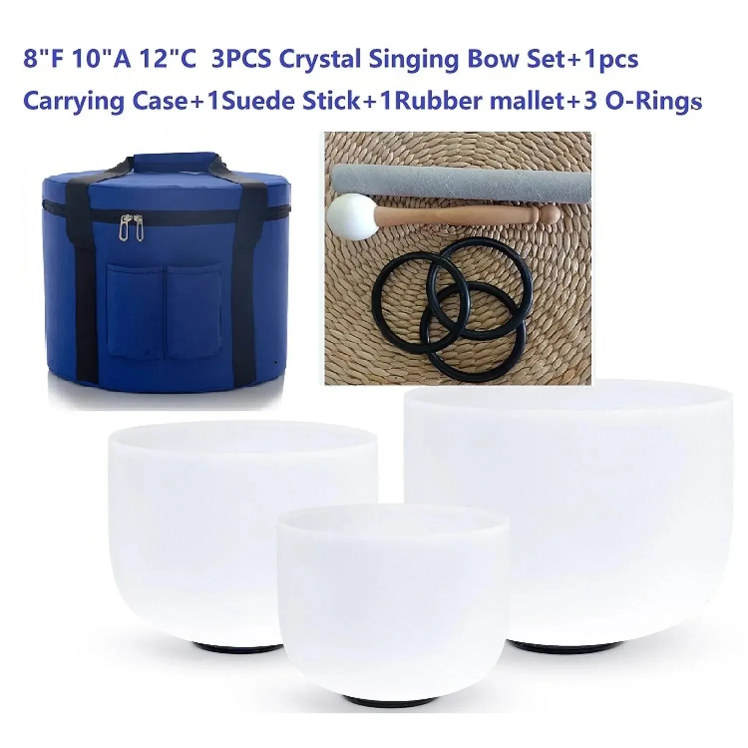 3 Pcs 8"f 10"a 12"c Crystal Singing Bowl Set with Heavy Duty Carrying Case Suede Stick Rubber Mallet for Yoga Meditation