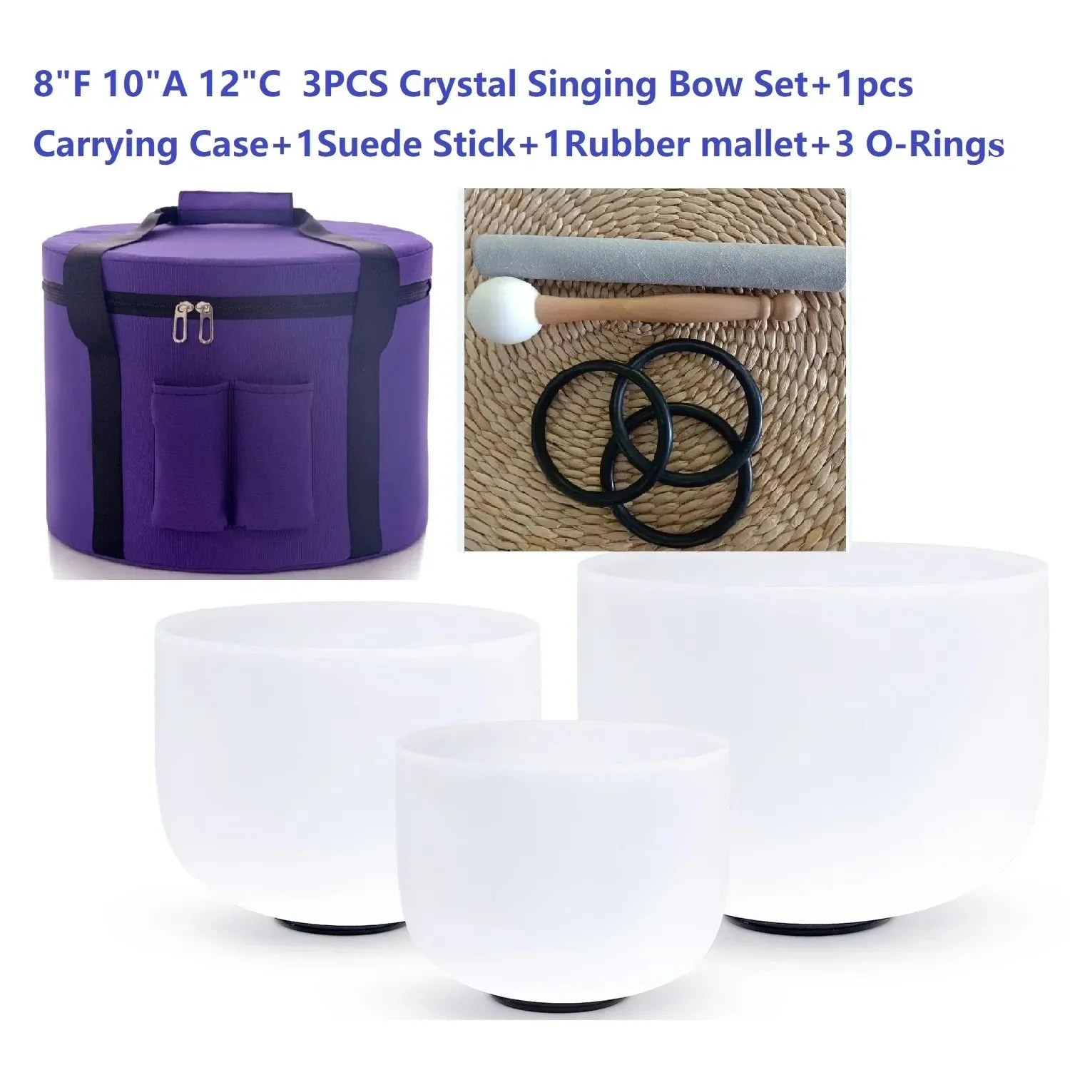 3 Pcs 8"f 10"a 12"c Crystal Singing Bowl Set with Heavy Duty Carrying Case Suede Stick Rubber Mallet for Yoga Meditation