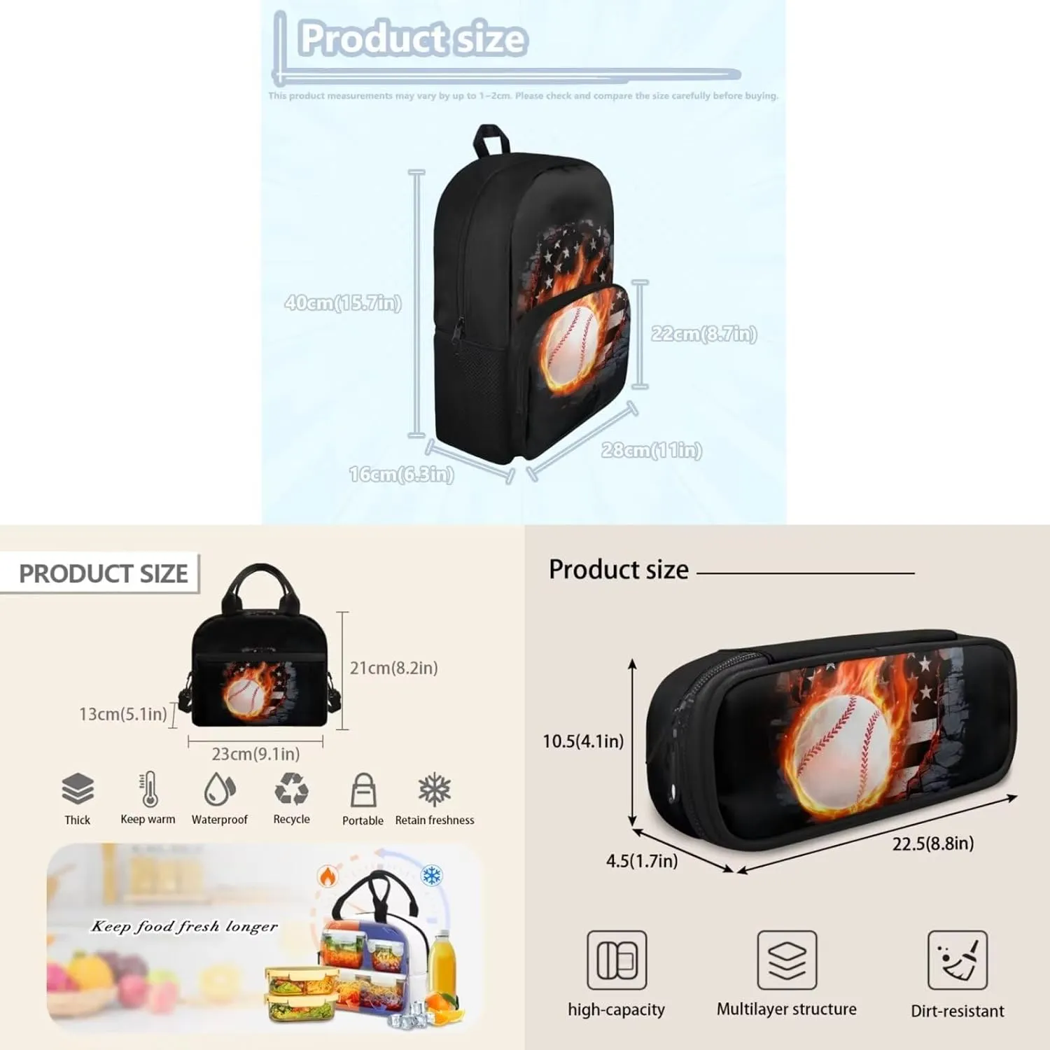 3 Pcs School Backpacks Set for Boys Girls, American Flag Baseball Print Bookbag Teens Backpack Set of 3 Lunch Box Tote Shoulder Bag and Pencil Case