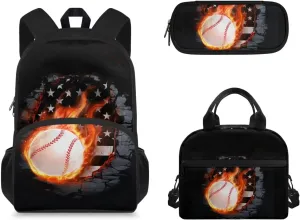 3 Pcs School Backpacks Set for Boys Girls, American Flag Baseball Print Bookbag Teens Backpack Set of 3 Lunch Box Tote Shoulder Bag and Pencil Case