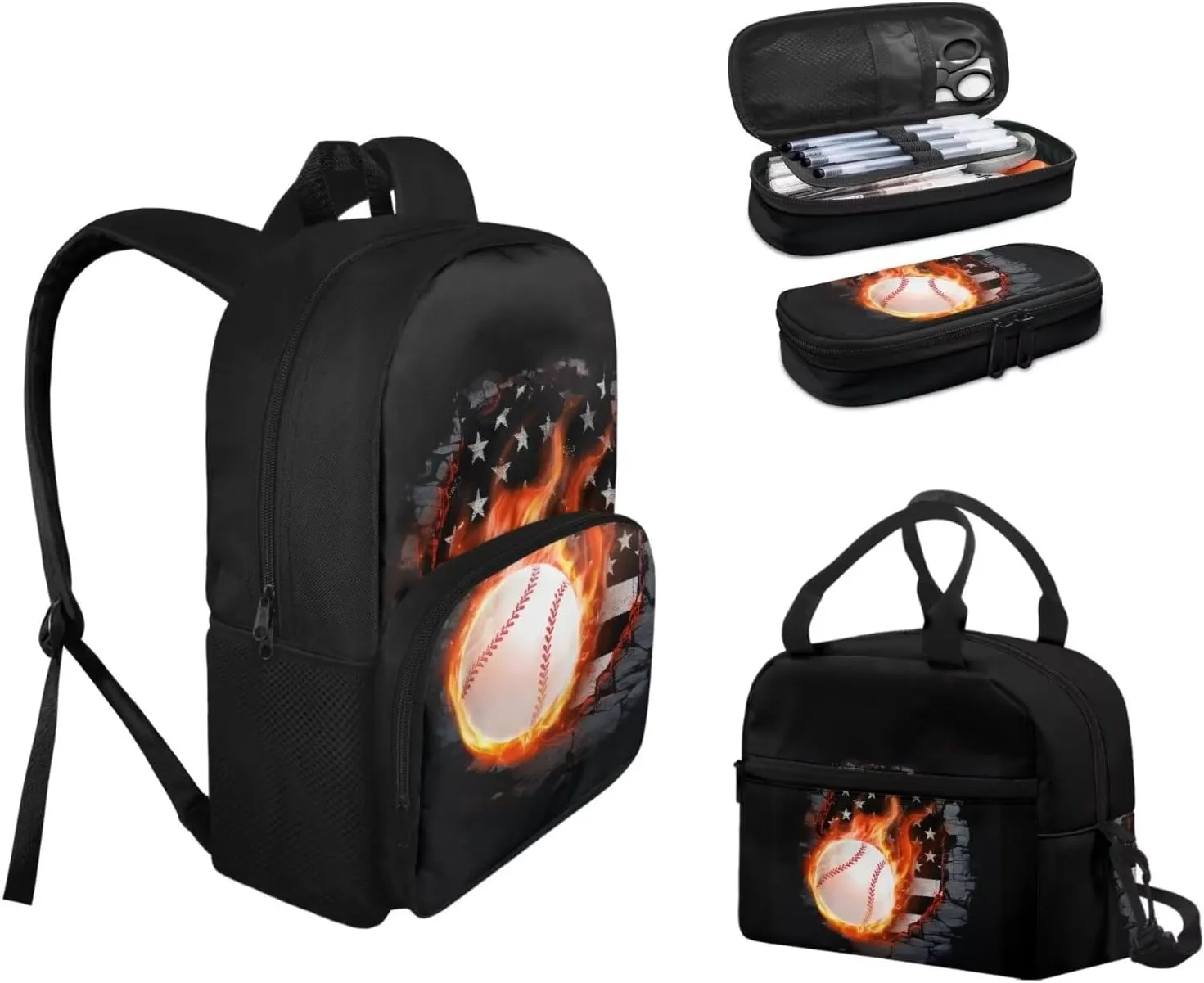 3 Pcs School Backpacks Set for Boys Girls, American Flag Baseball Print Bookbag Teens Backpack Set of 3 Lunch Box Tote Shoulder Bag and Pencil Case
