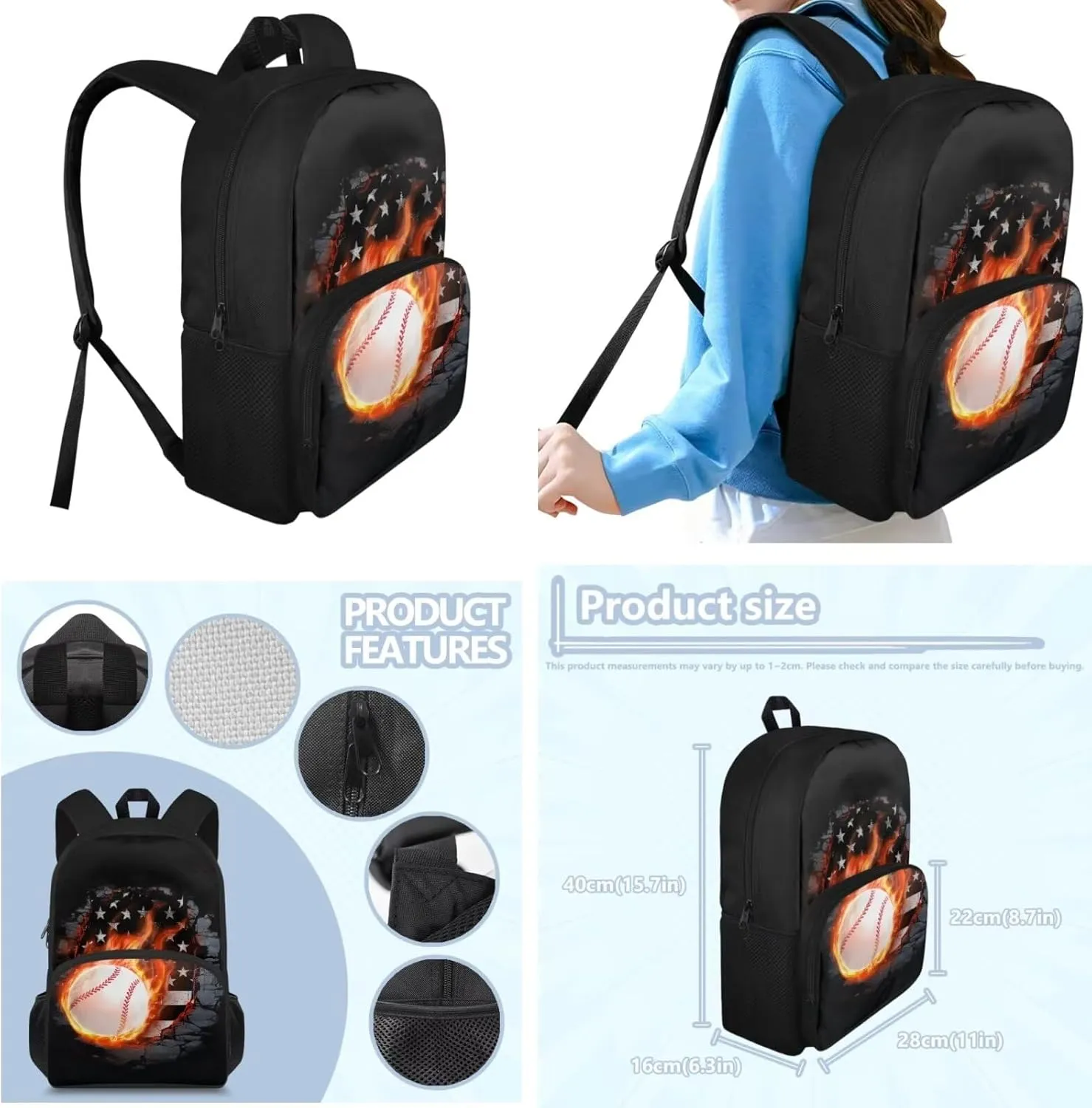 3 Pcs School Backpacks Set for Boys Girls, American Flag Baseball Print Bookbag Teens Backpack Set of 3 Lunch Box Tote Shoulder Bag and Pencil Case