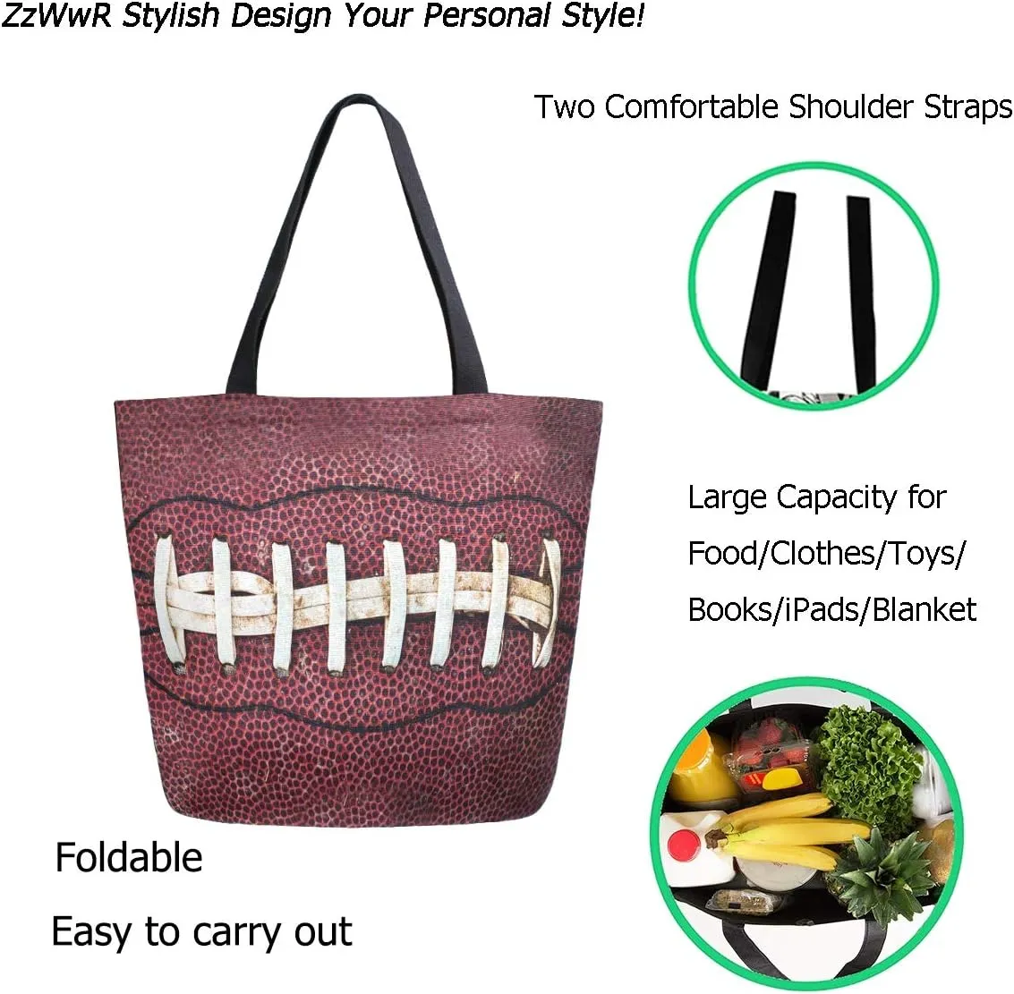 3D Close Up Of American Football Print Extra Large Canvas Shoulder Tote Top Storage Handle Bag for Gym Beach Weekender Travel Reusable Grocery Shopping