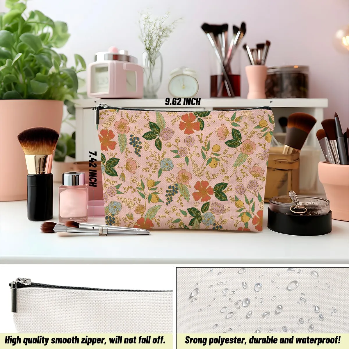 4PCS Aesthetic Floral Makeup Bags for Women, Cute Flower Aesthetic Cosmetic Bag, Coquette Travel Toiletry Bag, Portable Zipper Pouch Cosmetics Pouch Gifts for Women Girls Friends