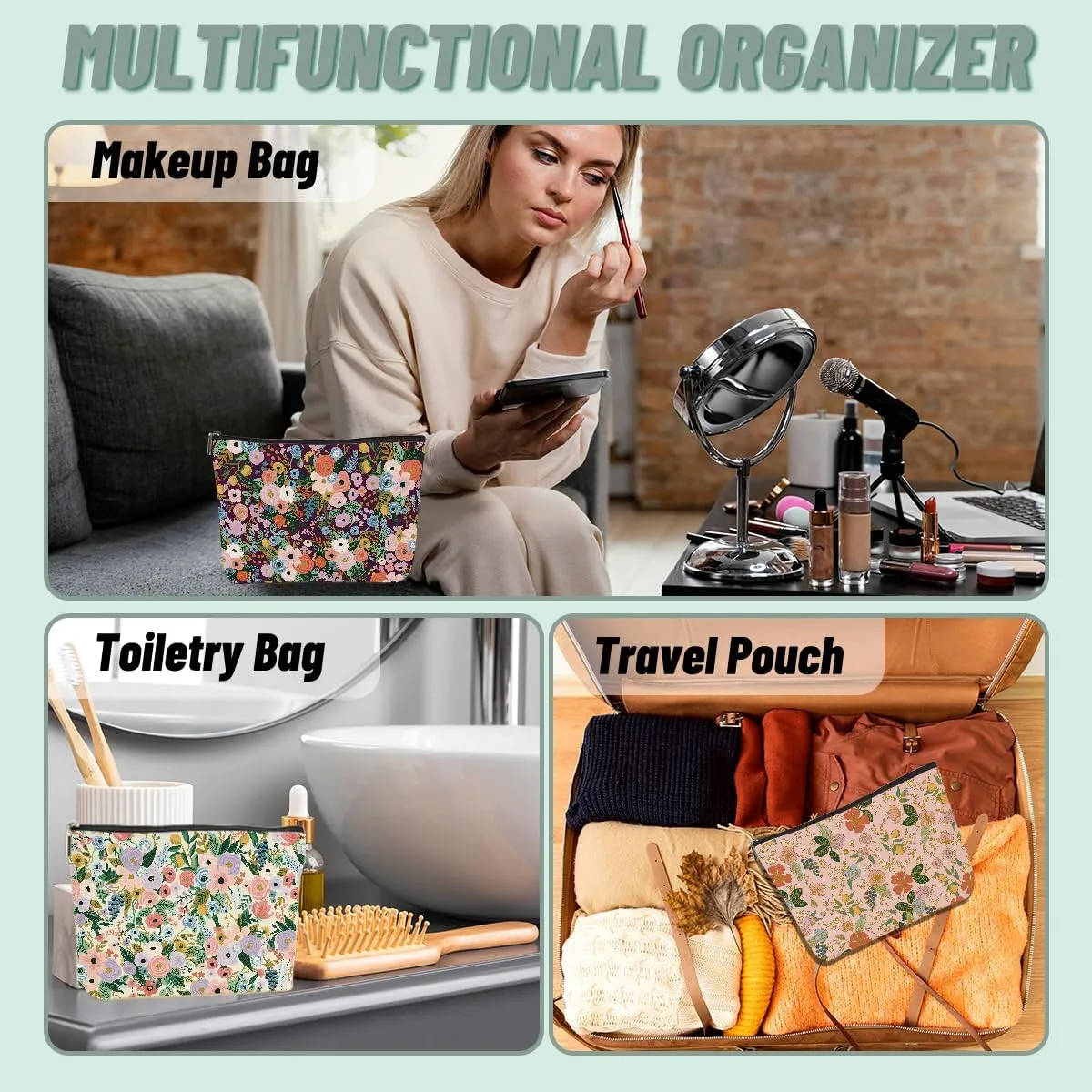 4PCS Aesthetic Floral Makeup Bags for Women, Cute Flower Aesthetic Cosmetic Bag, Coquette Travel Toiletry Bag, Portable Zipper Pouch Cosmetics Pouch Gifts for Women Girls Friends