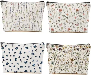 4PCS Floral Makeup Bags for Women, Cute Flower Aesthetic Travel Toiletry Bag, Coquette Cosmetic Bag, Portable Zipper Pouch Cosmetics Pouch Gifts for Women Girls Girlfriend Mom