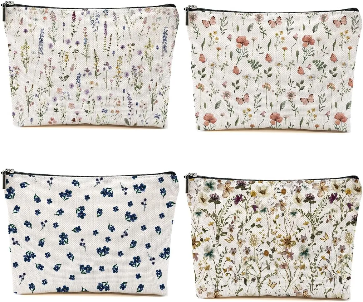 4PCS Floral Makeup Bags for Women, Cute Flower Aesthetic Travel Toiletry Bag, Coquette Cosmetic Bag, Portable Zipper Pouch Cosmetics Pouch Gifts for Women Girls Girlfriend Mom