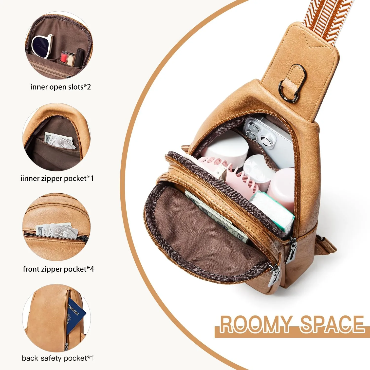 7L Sling Bag for Women Crossbody Bag Sling Purse Fanny Packs Vegan Leather Chest Bag Trendy Handbag Travel Anti Theft