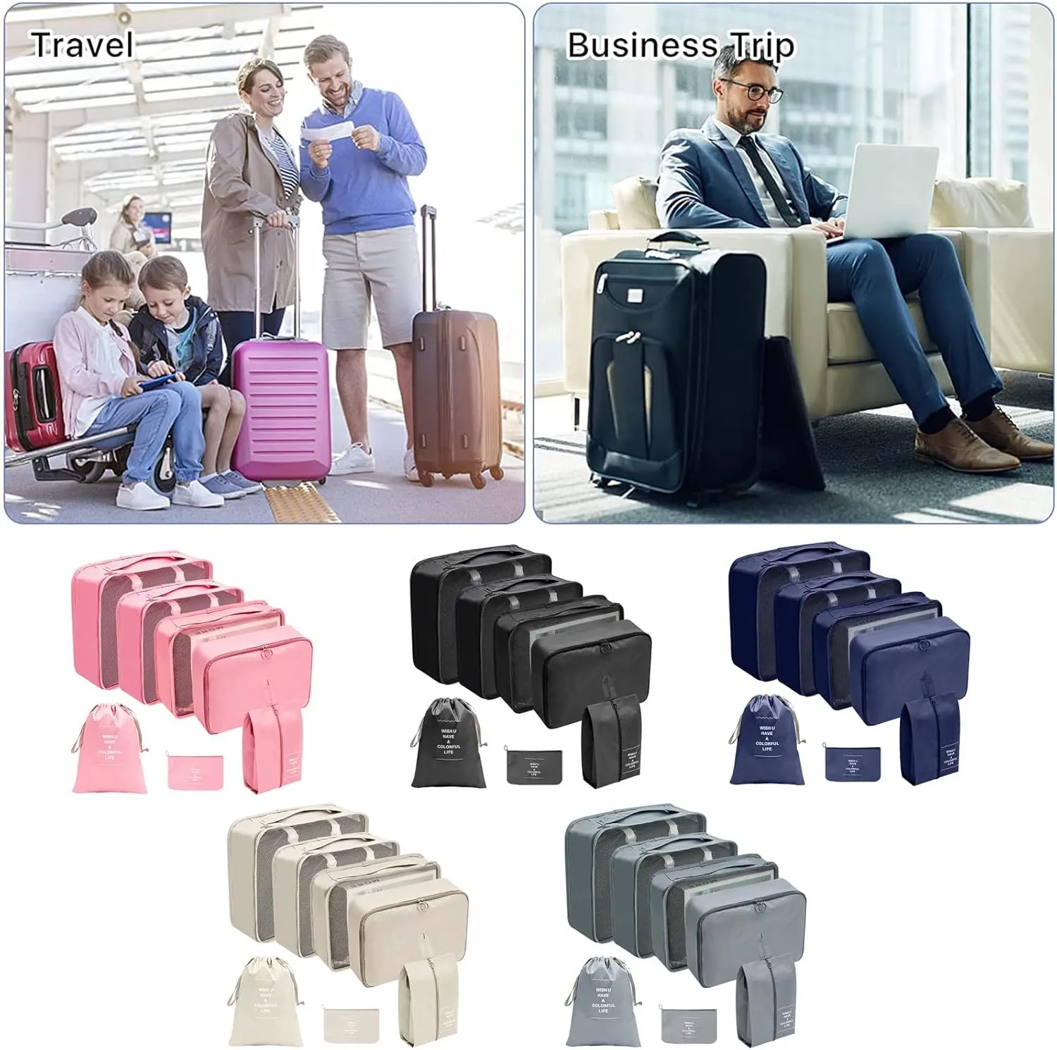 7PCS Packing Cubes for Travel, Travel Cubes Set Foldable Suitcase Organizer Lightweight Luggage Storage Bag Luggage Packing Organizers (Black)