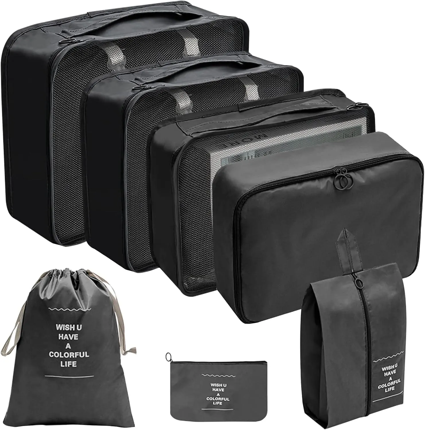7PCS Packing Cubes for Travel, Travel Cubes Set Foldable Suitcase Organizer Lightweight Luggage Storage Bag Luggage Packing Organizers (Black)