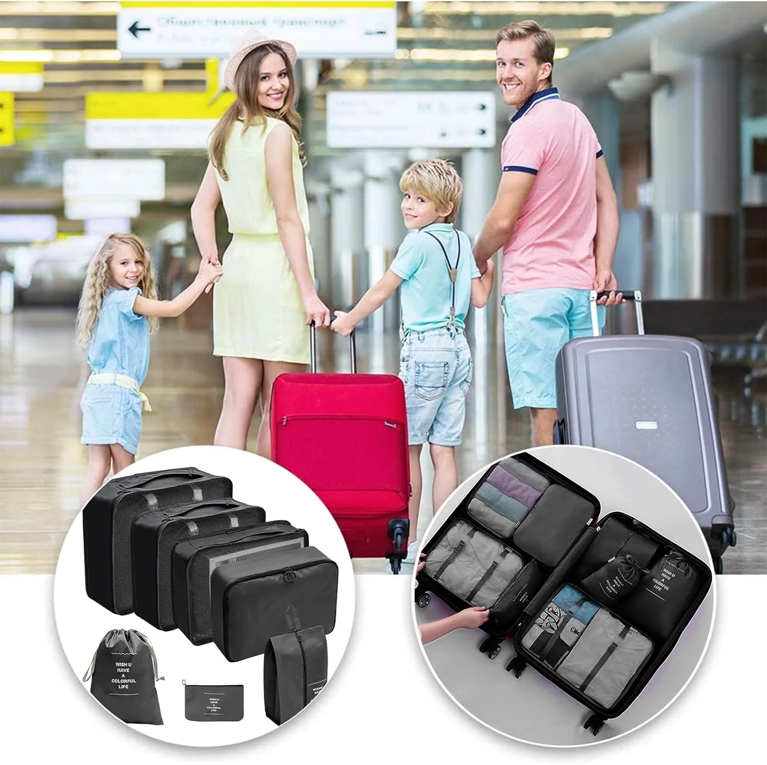 7PCS Packing Cubes for Travel, Travel Cubes Set Foldable Suitcase Organizer Lightweight Luggage Storage Bag Luggage Packing Organizers (Black)