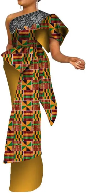 African Dresses for Women Single Shoulder Traditional Ankara Kente Print Pencil Skirt for Evening Party Wedding