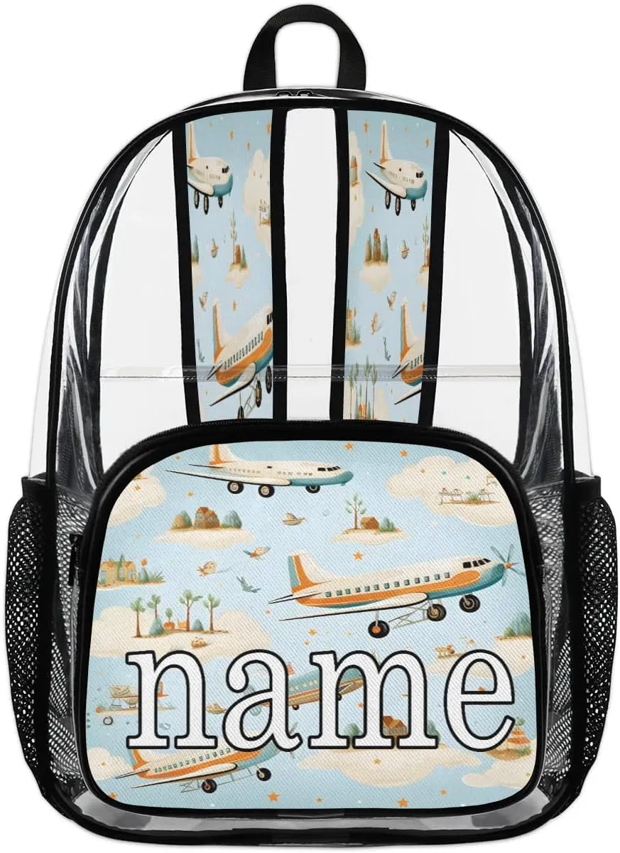 Airplane Pattern Personalized Clear Backpack Custom Waterproof PVC Transparent Backpack with Name Heavy Duty Transparent Bag for Work Travel Concerts