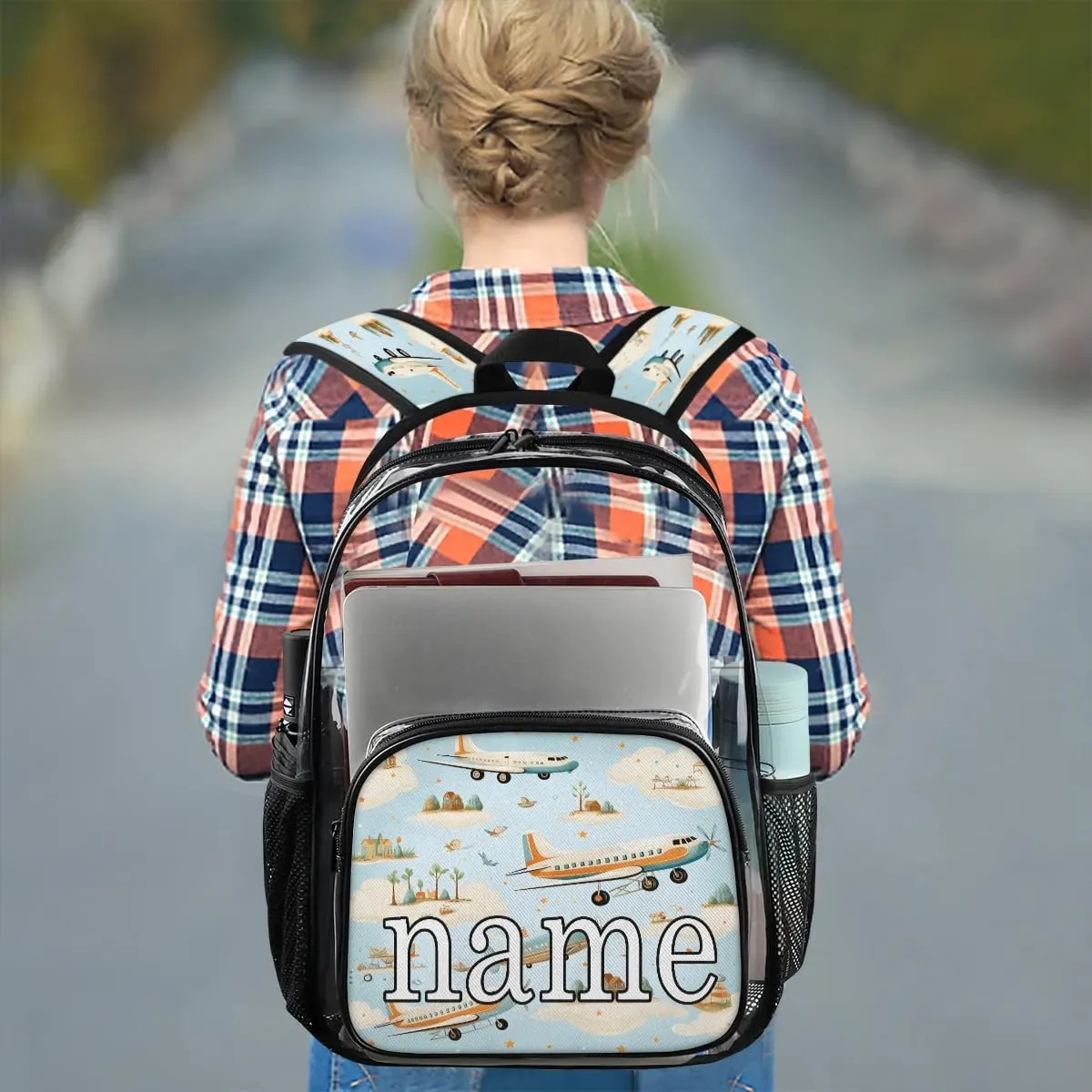 Airplane Pattern Personalized Clear Backpack Custom Waterproof PVC Transparent Backpack with Name Heavy Duty Transparent Bag for Work Travel Concerts