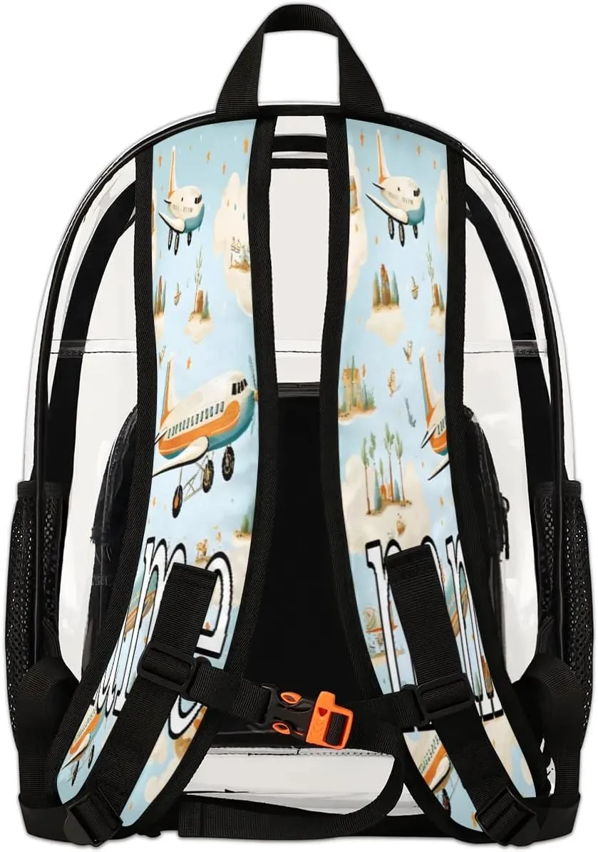Airplane Pattern Personalized Clear Backpack Custom Waterproof PVC Transparent Backpack with Name Heavy Duty Transparent Bag for Work Travel Concerts