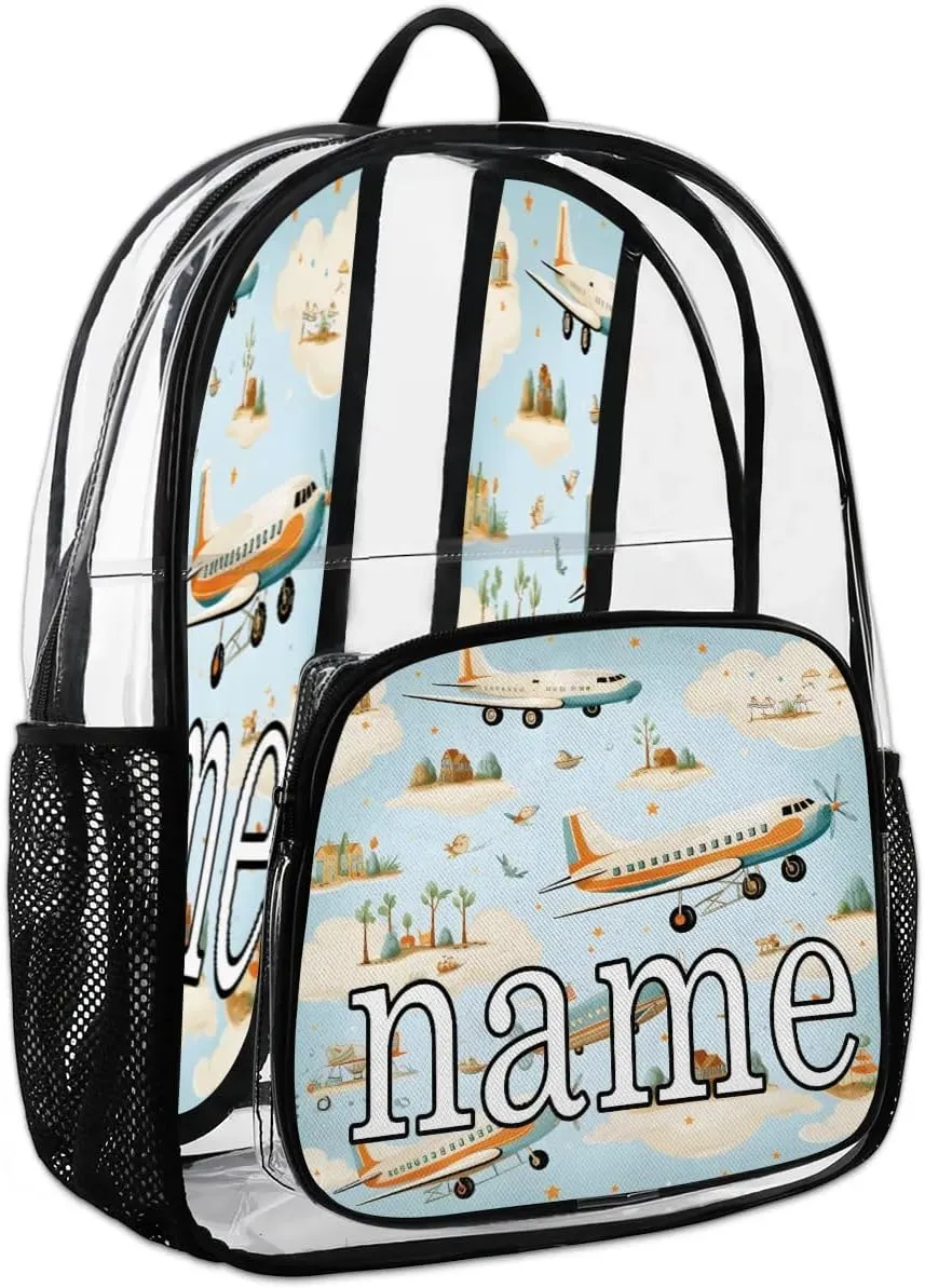 Airplane Pattern Personalized Clear Backpack Custom Waterproof PVC Transparent Backpack with Name Heavy Duty Transparent Bag for Work Travel Concerts