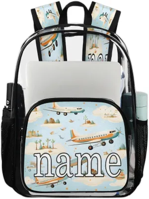 Airplane Pattern Personalized Clear Backpack Custom Waterproof PVC Transparent Backpack with Name Heavy Duty Transparent Bag for Work Travel Concerts