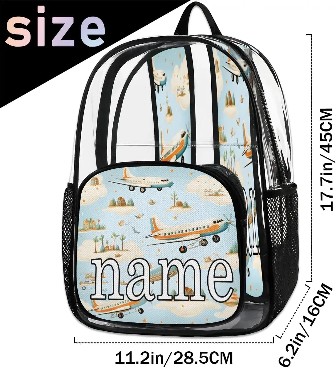 Airplane Pattern Personalized Clear Backpack Custom Waterproof PVC Transparent Backpack with Name Heavy Duty Transparent Bag for Work Travel Concerts