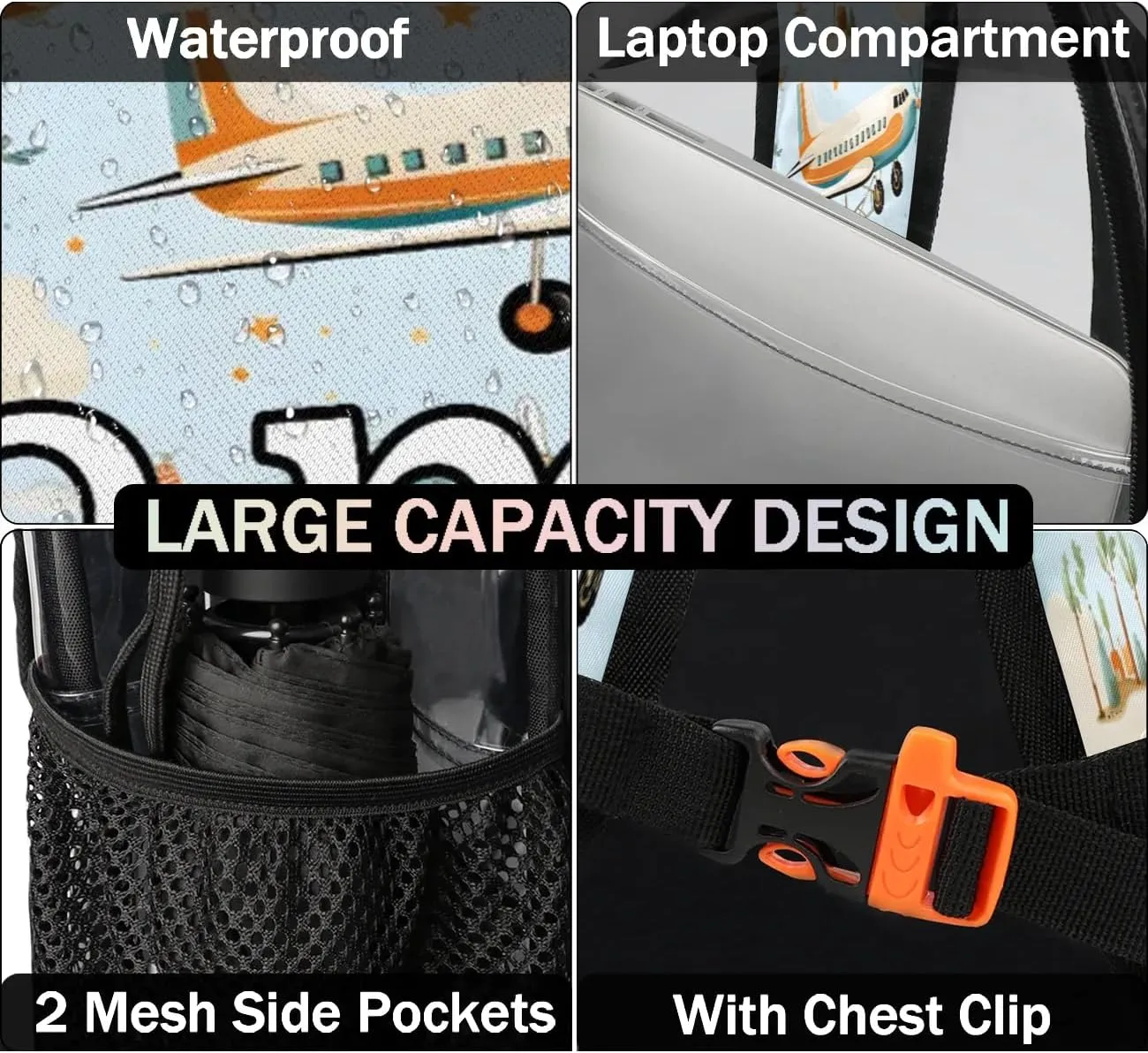 Airplane Pattern Personalized Clear Backpack Custom Waterproof PVC Transparent Backpack with Name Heavy Duty Transparent Bag for Work Travel Concerts