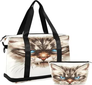 Angry Cat Face1 Sports Gym Bag with Waterproof Dry Wet Pocket, Travel Duffel Bag for Women MenWorkout Bag Fits Yoga, Swimming