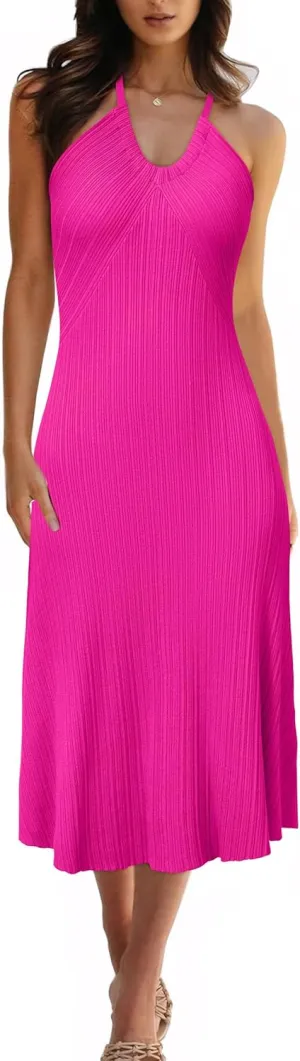 Arach&Cloz Women's Summer Dress 2025 Halter V Neck Sleeveless Ribbed Knit Casual Beach Vacation Outfits Midi Sundress