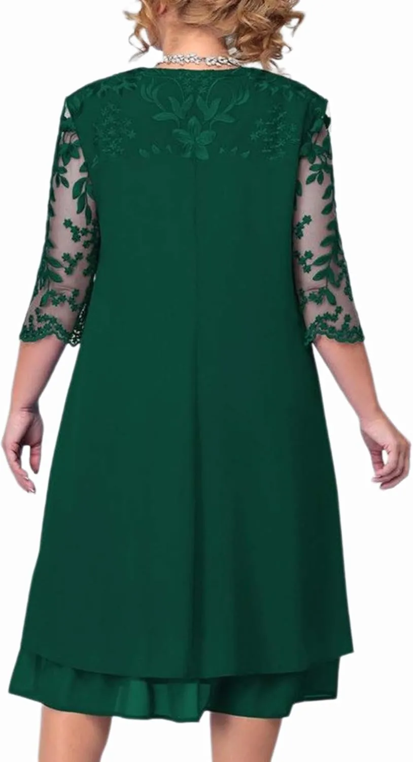 ASHER FASHION Women Plus Size Cocktail Dress Splicing Floral Mesh Sleeve Crewneck Tiered Party Wedding Guest Midi Dresses