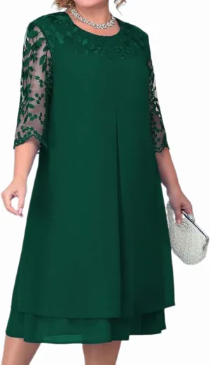 ASHER FASHION Women Plus Size Cocktail Dress Splicing Floral Mesh Sleeve Crewneck Tiered Party Wedding Guest Midi Dresses