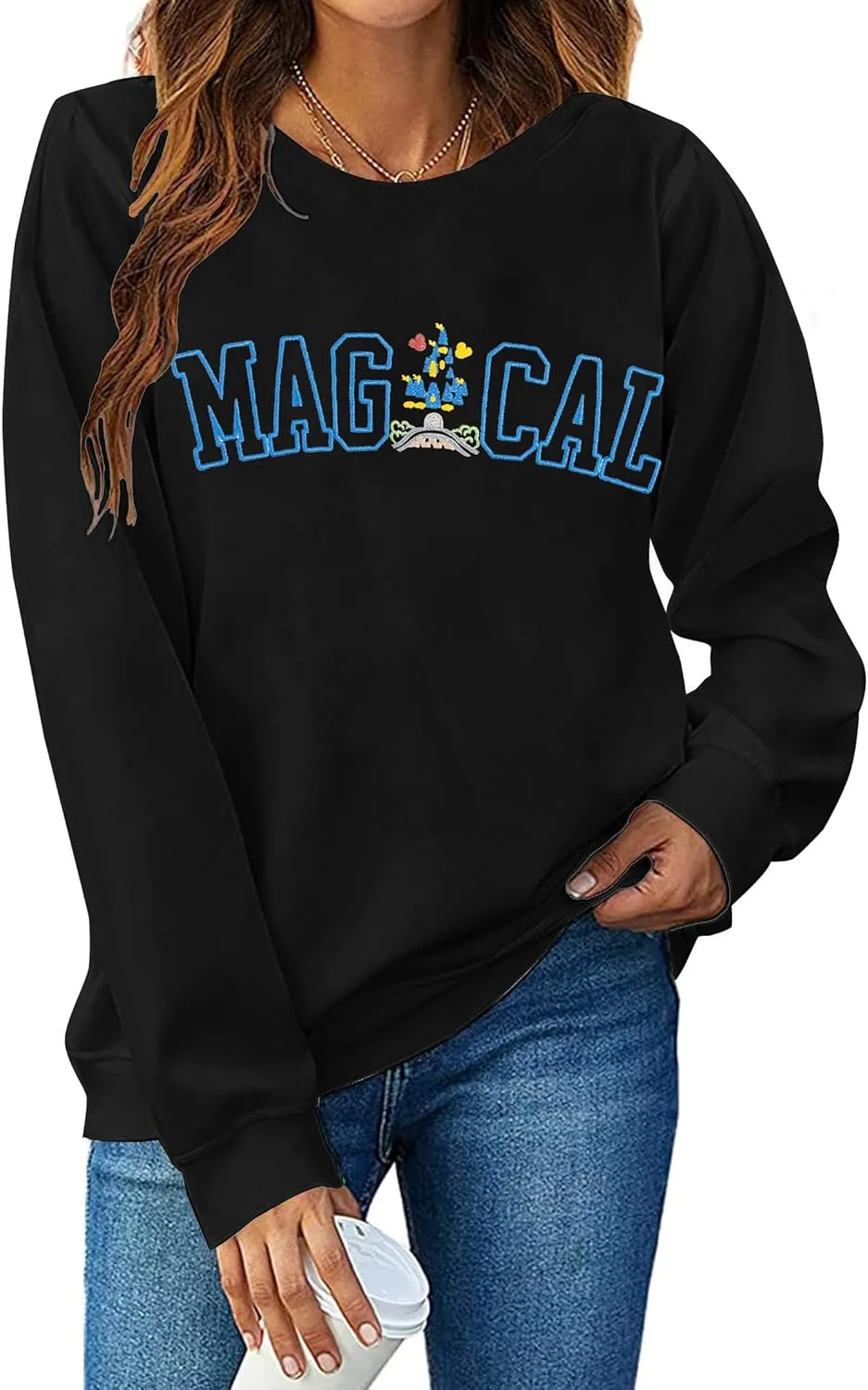ASTANFY Magic Kingdom Sweatshirt Women Magical Castle Embroidered long Sleeve Shirt Cute Family Vacation Pullover Tops