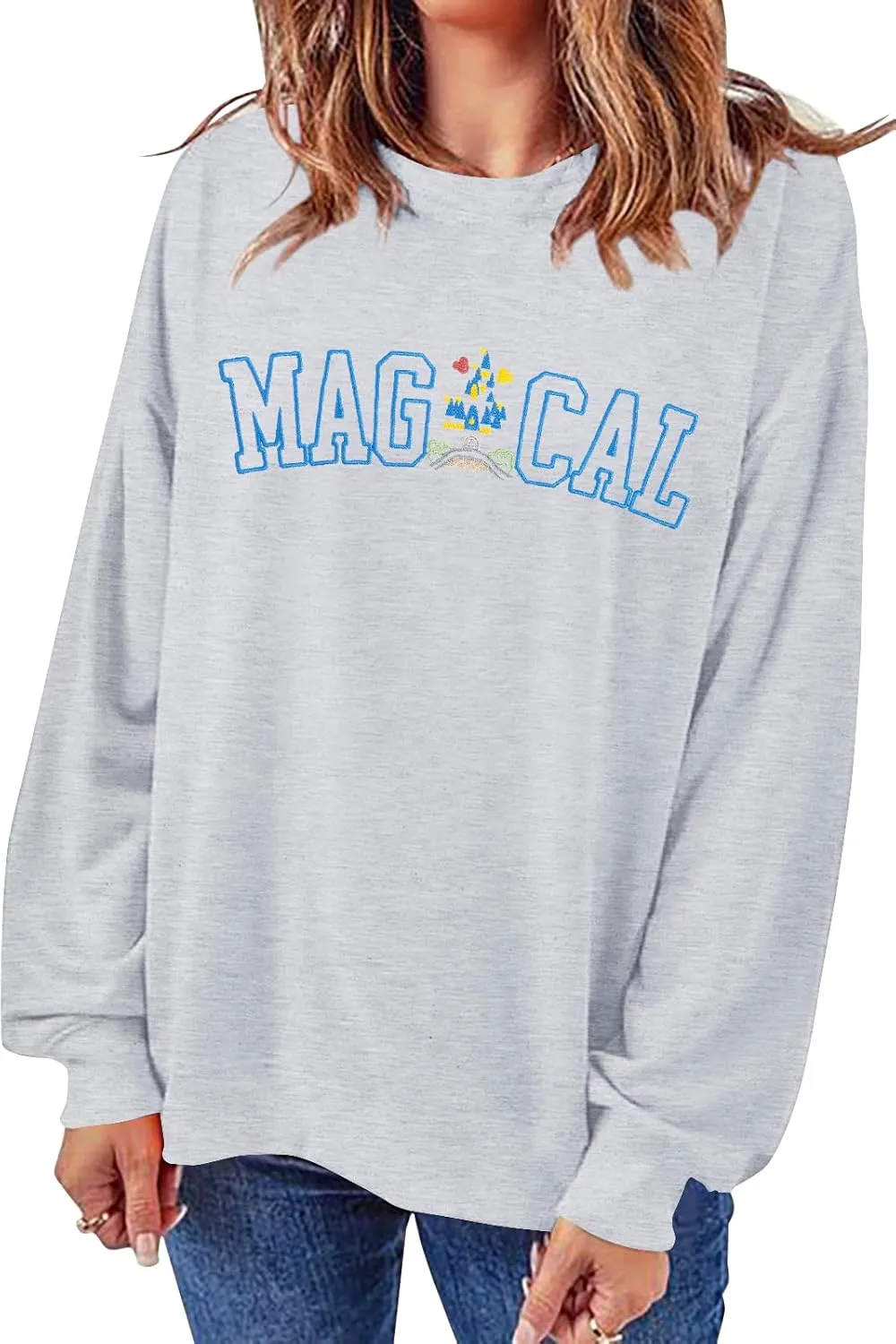 ASTANFY Magic Kingdom Sweatshirt Women Magical Castle Embroidered long Sleeve Shirt Cute Family Vacation Pullover Tops