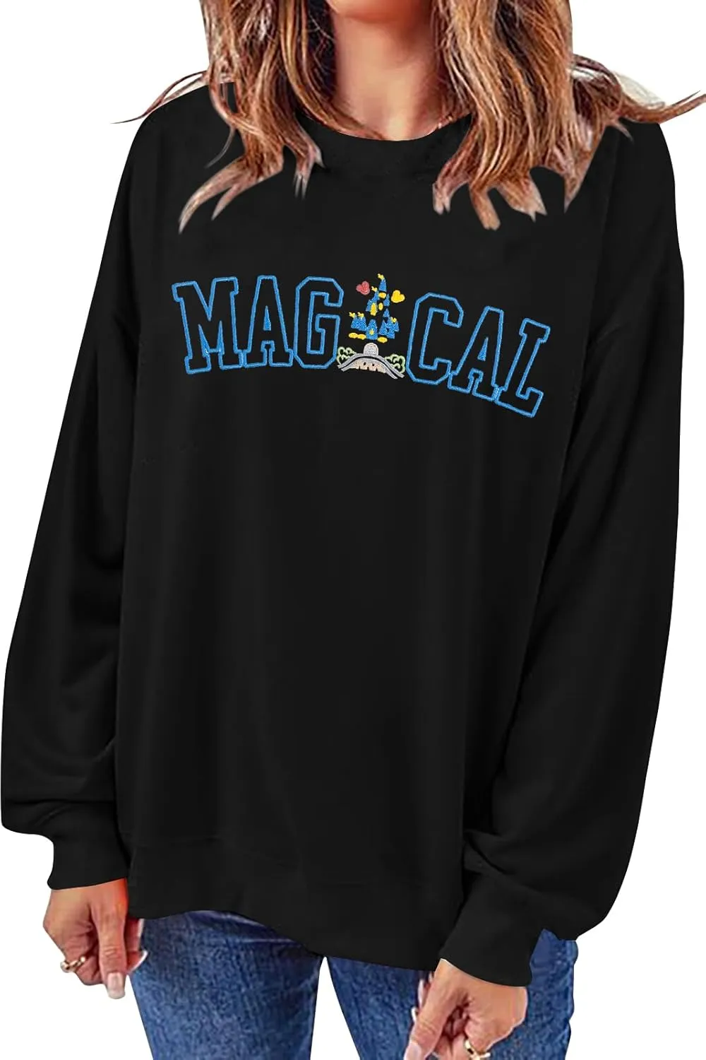 ASTANFY Magic Kingdom Sweatshirt Women Magical Castle Embroidered long Sleeve Shirt Cute Family Vacation Pullover Tops