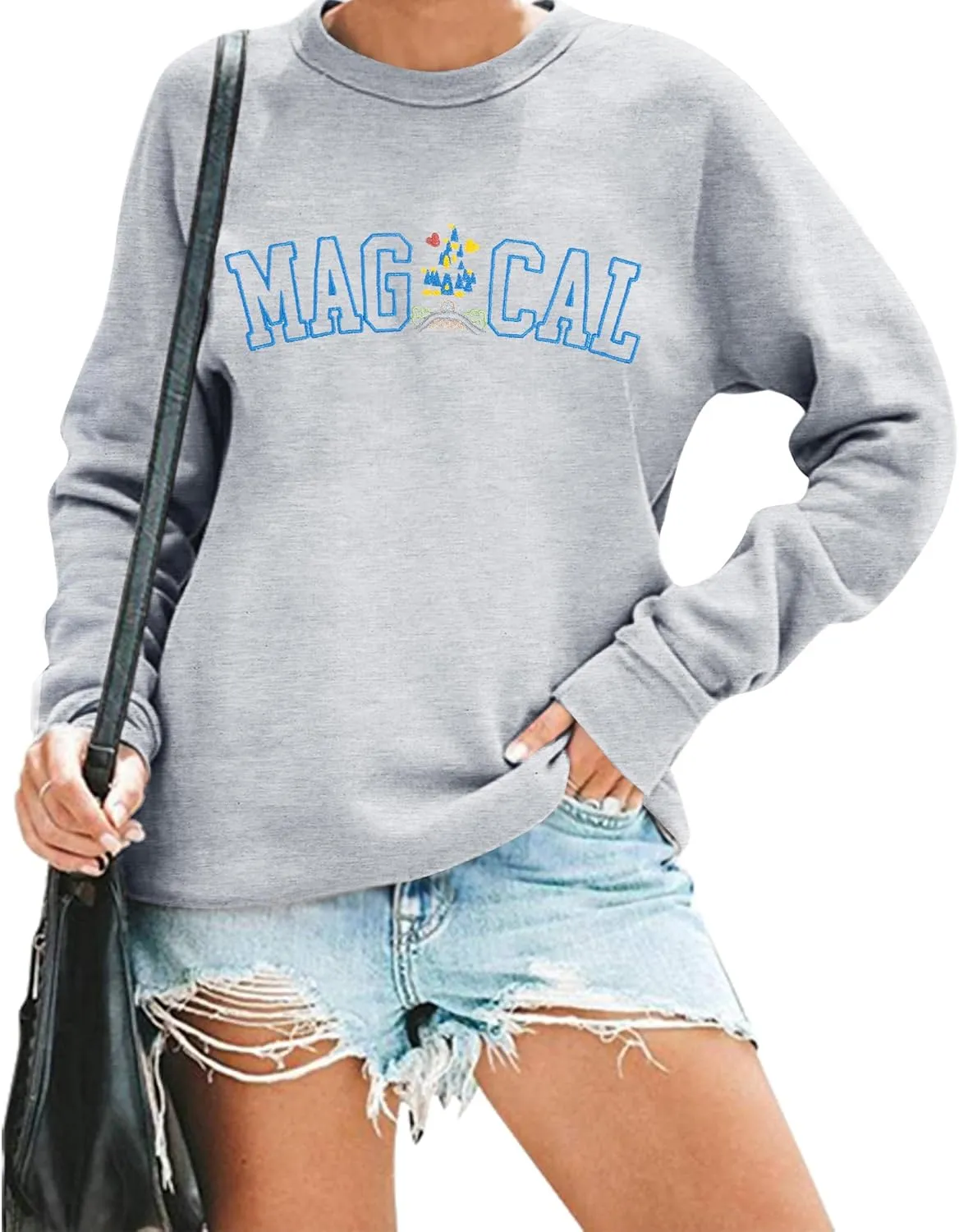 ASTANFY Magic Kingdom Sweatshirt Women Magical Castle Embroidered long Sleeve Shirt Cute Family Vacation Pullover Tops