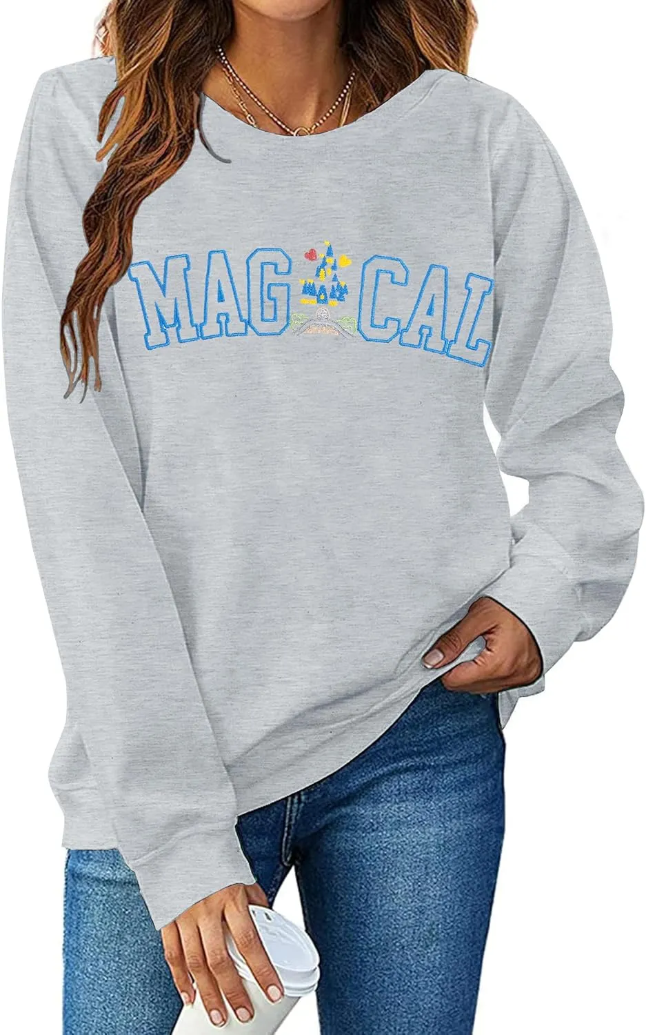 ASTANFY Magic Kingdom Sweatshirt Women Magical Castle Embroidered long Sleeve Shirt Cute Family Vacation Pullover Tops