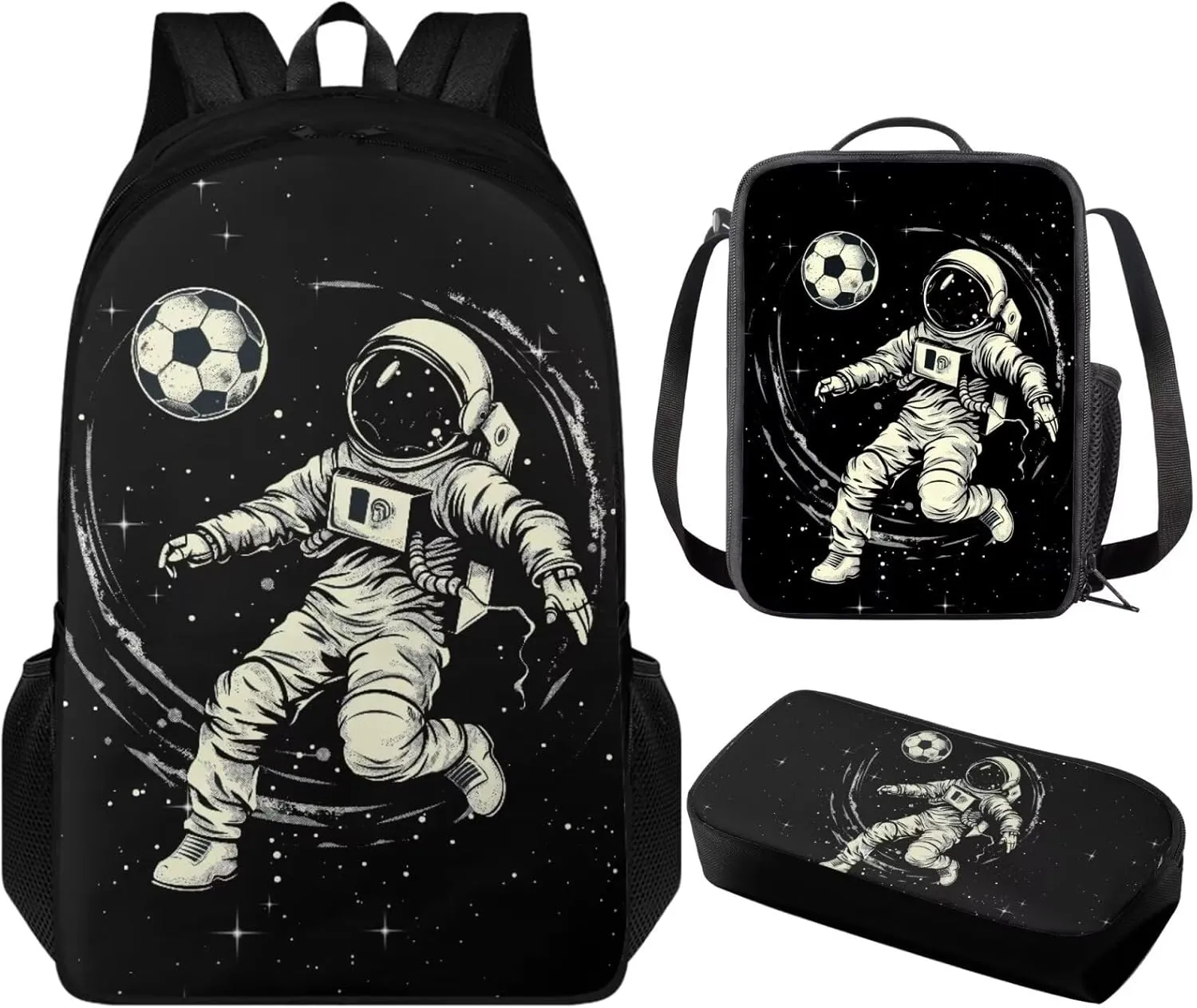 Astronaut Football School Backpack for Boys Elementary Heavy Duty Kids Backpack with Lunch Box Toddler Boys Bookbag 10-12 Years Old 3 Pcs Backpack Set Middle High School