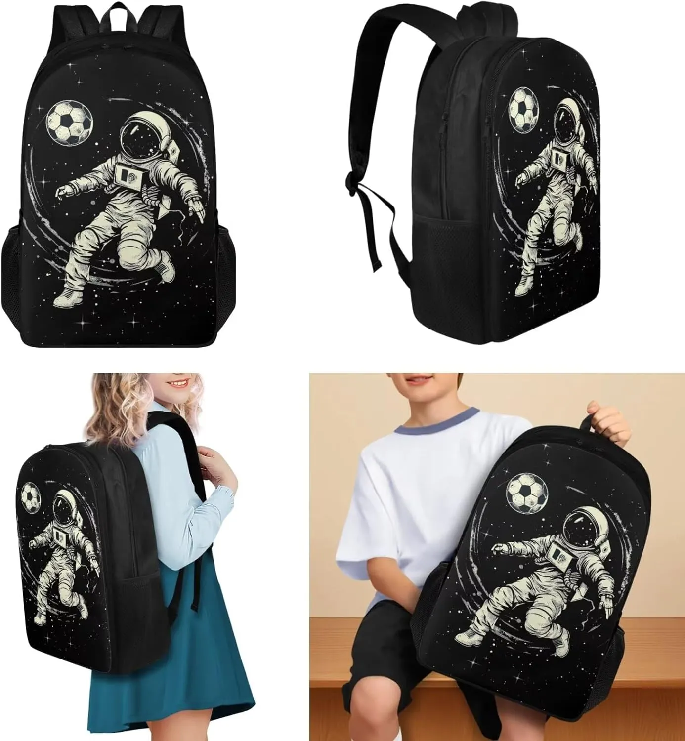 Astronaut Football School Backpack for Boys Elementary Heavy Duty Kids Backpack with Lunch Box Toddler Boys Bookbag 10-12 Years Old 3 Pcs Backpack Set Middle High School