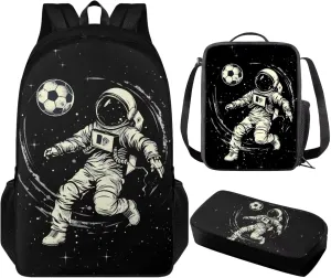 Astronaut Football School Backpack for Boys Elementary Heavy Duty Kids Backpack with Lunch Box Toddler Boys Bookbag 10-12 Years Old 3 Pcs Backpack Set Middle High School