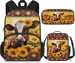 Aztec Cow School Backpack Kids Boys 2nd Grade 15 inch Student School Bag for Teens with Lunch Box Pencil Case for Preschool Elementary 2nd 3rd Grade Mideum Capacity Bookbag