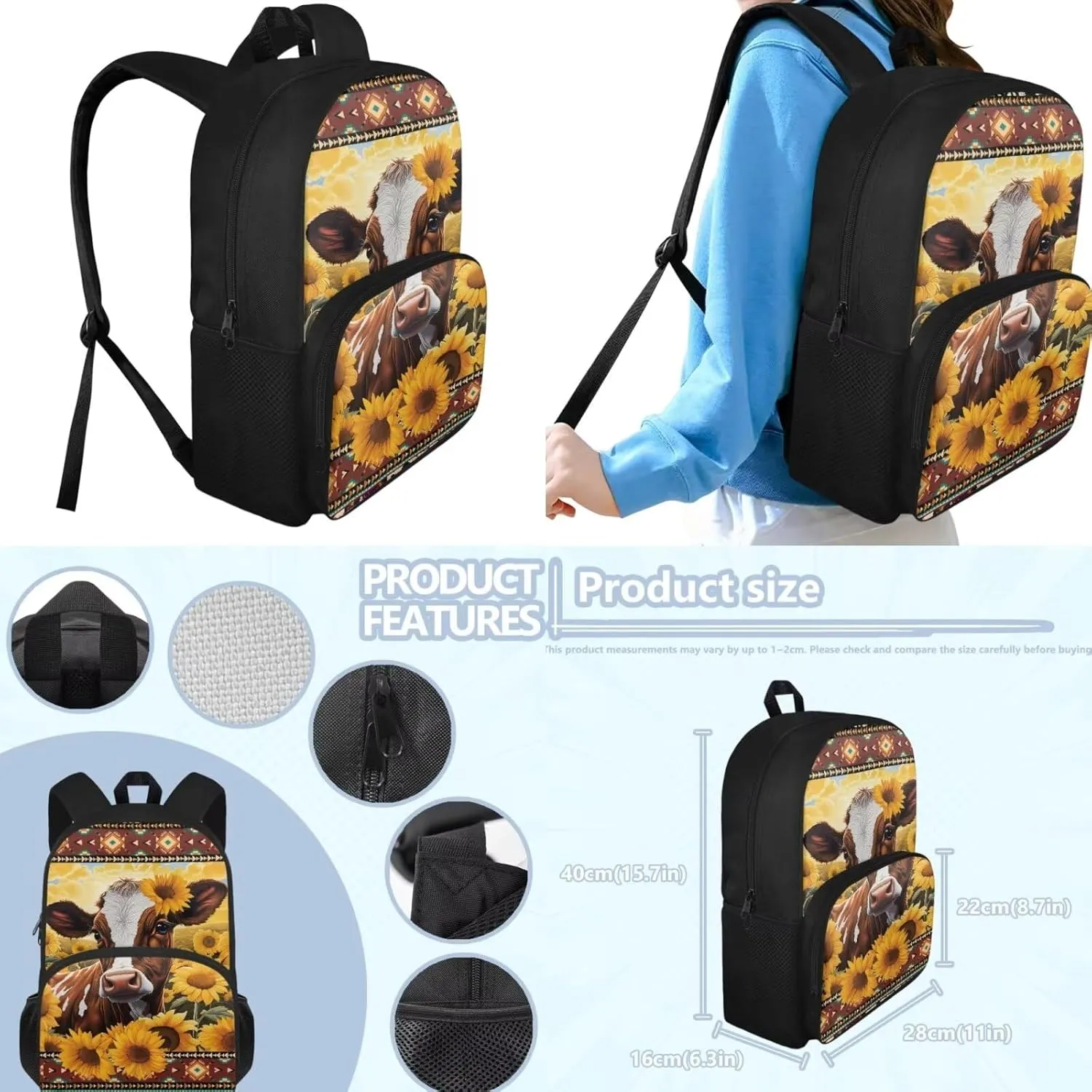 Aztec Cow School Backpack Kids Boys 2nd Grade 15 inch Student School Bag for Teens with Lunch Box Pencil Case for Preschool Elementary 2nd 3rd Grade Mideum Capacity Bookbag