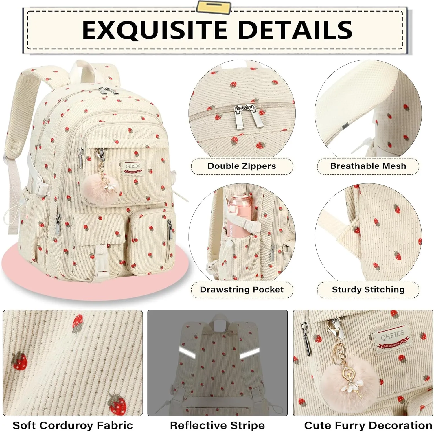 Backpack for Girls Big Student Corduroy Laptop Backpack for College Kids Elementary Middle High School Bag Anti Theft Bookbag Travel Daypack Womens(Corduroy Beige Strawberries)